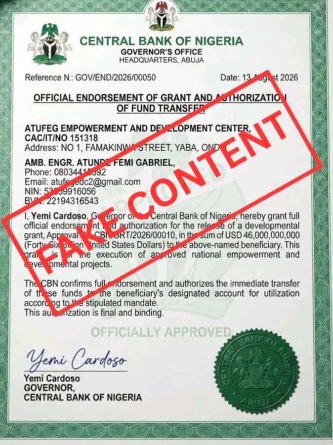 CBN disowns viral $46bn grant approval document, calls it fake
